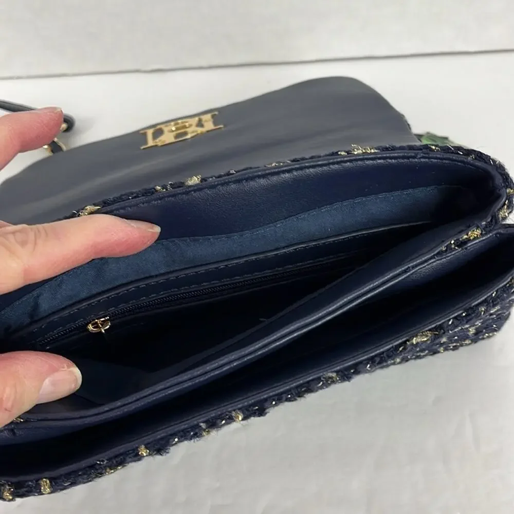 Badgley Mischka Purse Navy Blue Textured Messenger Bag Crossbody Gold Accents - Picture 8 of 11